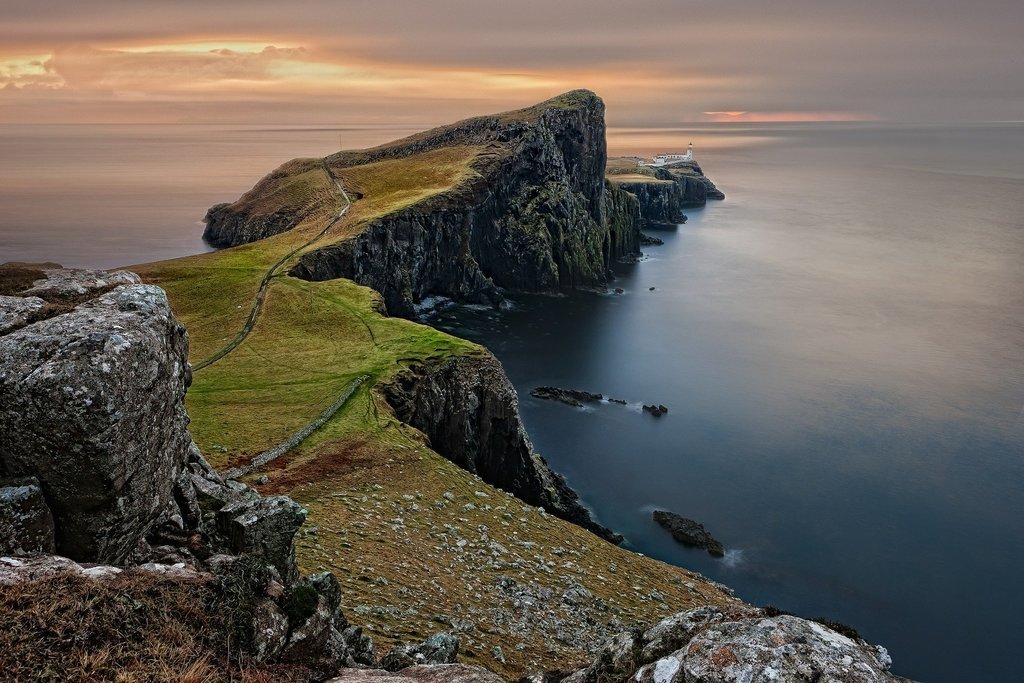 Sunset over the Isle of Skye's coast.