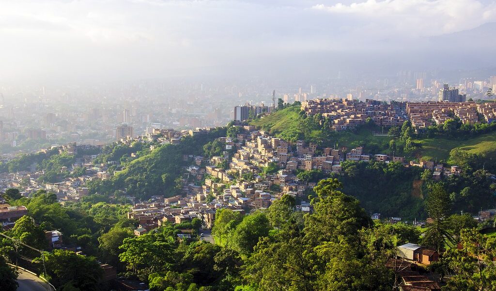 Sun setting over Medellin city in Colombia