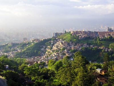 Sun setting over Medellin city in Colombia