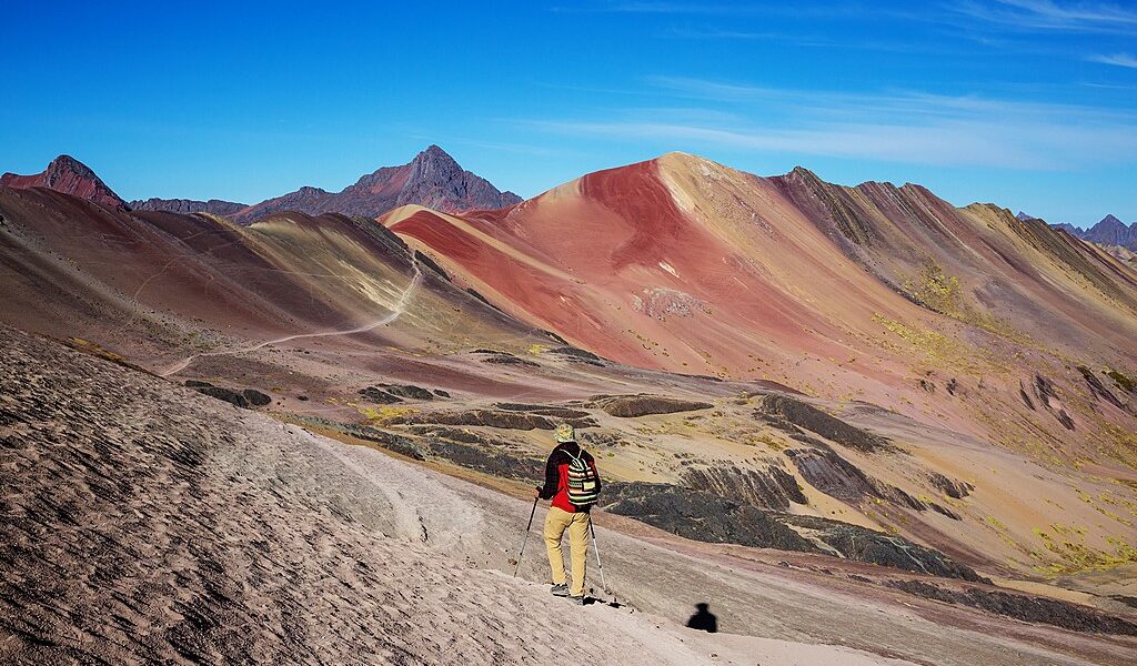 Hiking scene in Vinicunca, Cusco Region, Peru. Montana de Siete