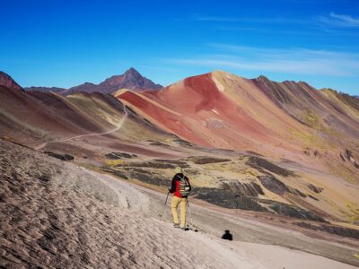 Hiking scene in Vinicunca, Cusco Region, Peru. Montana de Siete