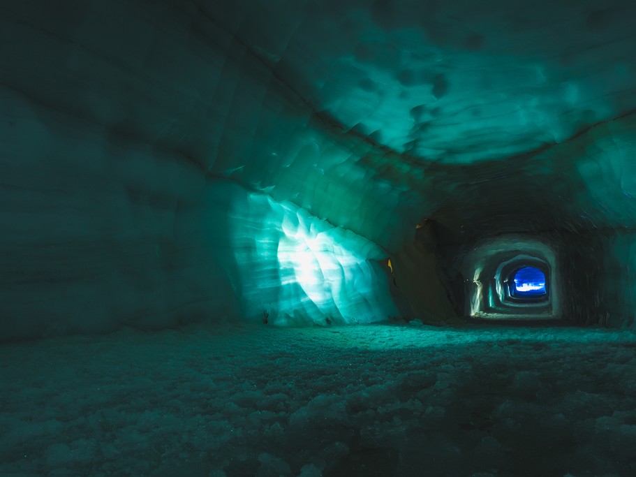 A tunnel inside an ice cave in the Langjökull glacier