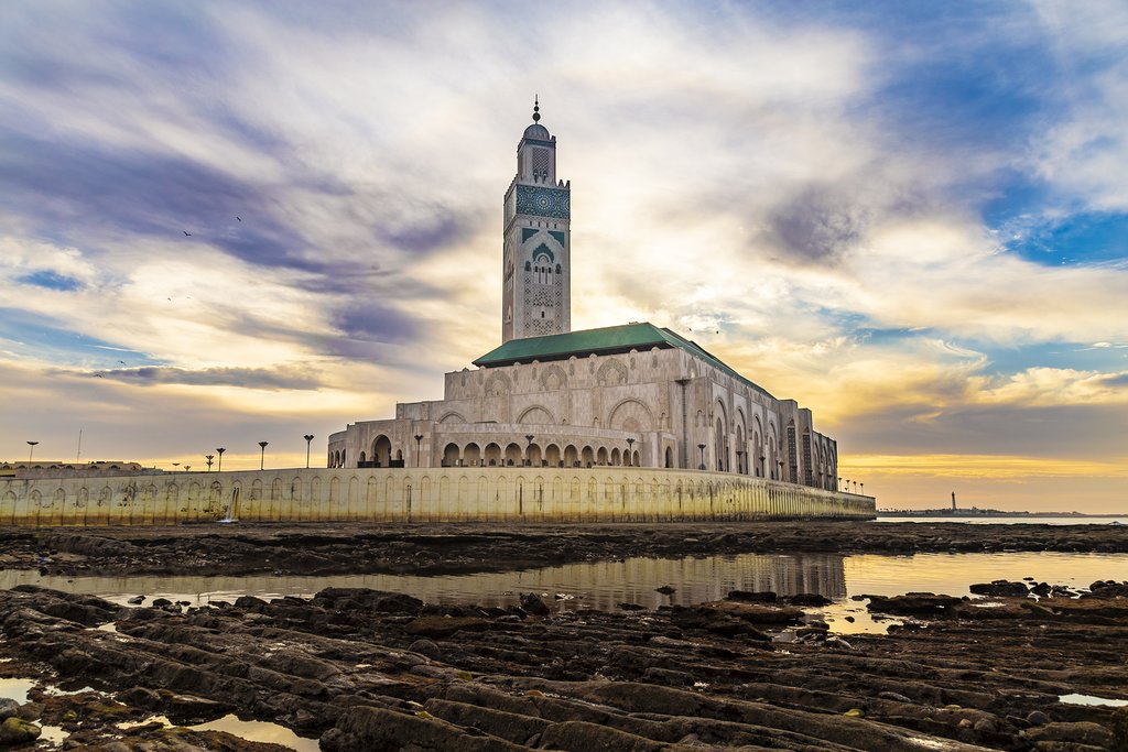 Hassan II Mosque at sunset