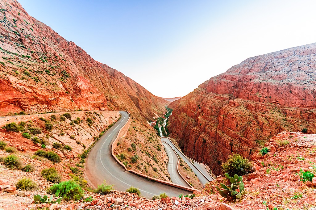 A road winds through the Dades Gorge