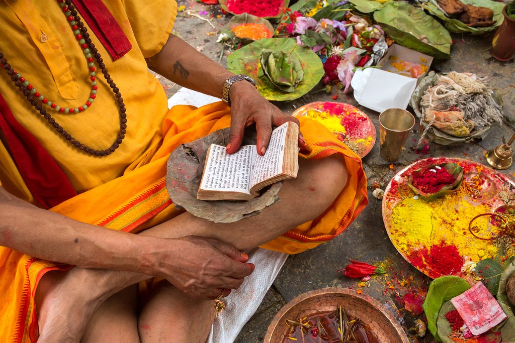 A Brahmin priest doing a Hindu puja in Kathmandu