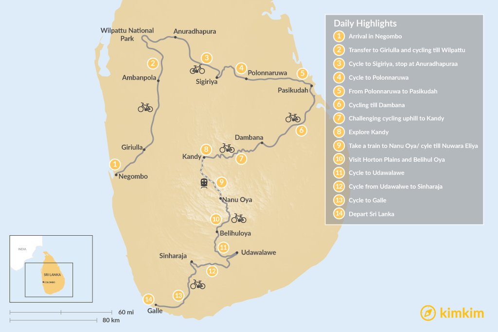 Route map for "Hidden Treasures of Sri Lanka - 14-Day Cycling Tour"