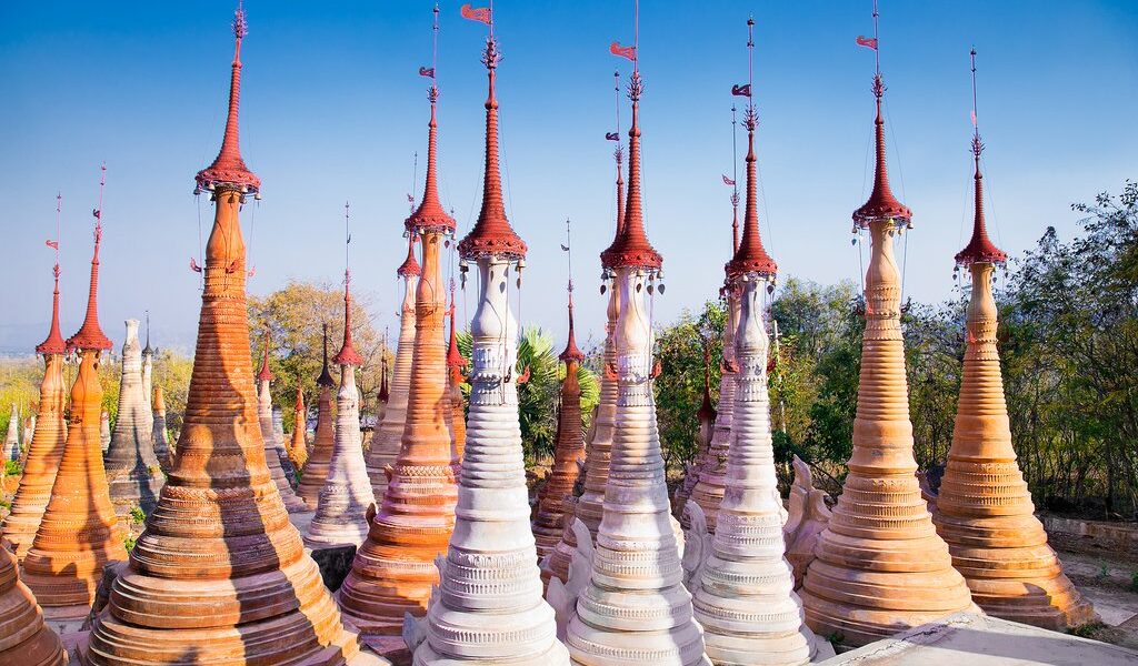 Scenic view of colorufl pagodas in Indein village Pagoda at Inle