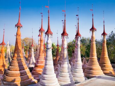 Scenic view of colorufl pagodas in Indein village Pagoda at Inle