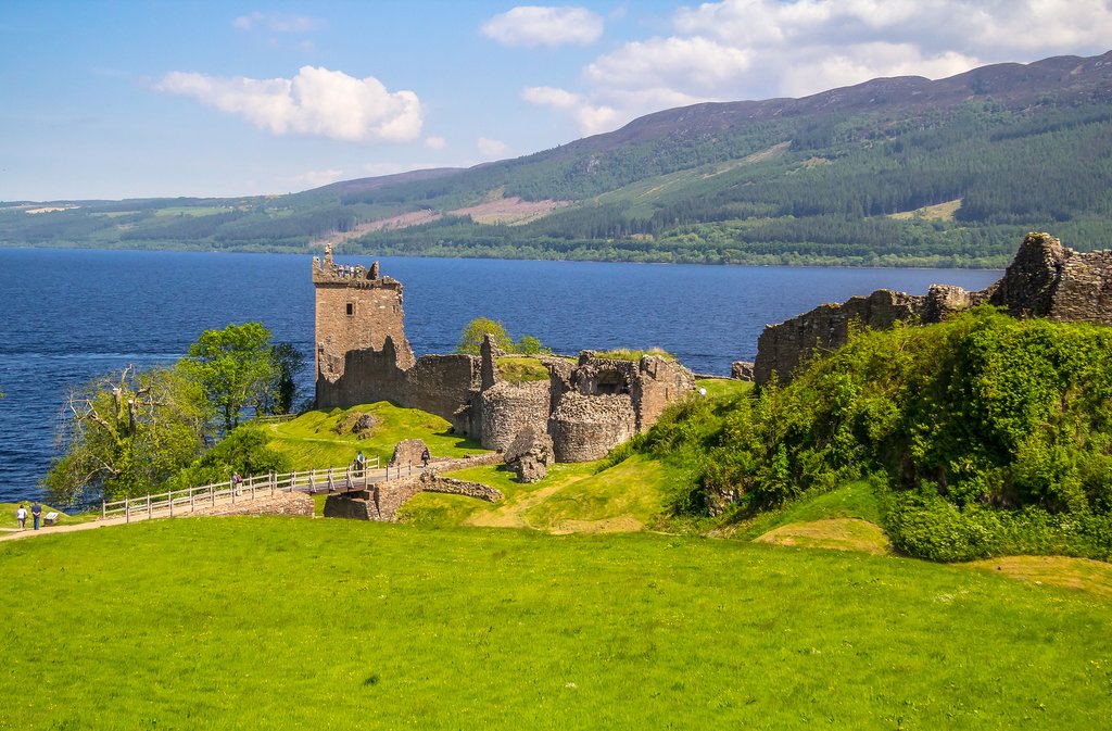 The Urquhart Castle. Medieval castle on the shores of Loch Ness in the mountains of Scotland