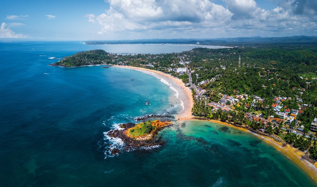 Aerial view of Mirissa's  turquoise bays.