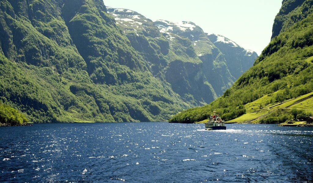 Green mountains and Waterfalls in Sognefjord Scandinavia. Norway