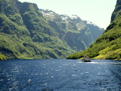 Green mountains and Waterfalls in Sognefjord Scandinavia. Norway