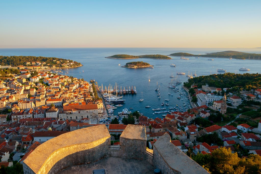 The beautiful island town of Hvar and Pakleni Islands in the distance