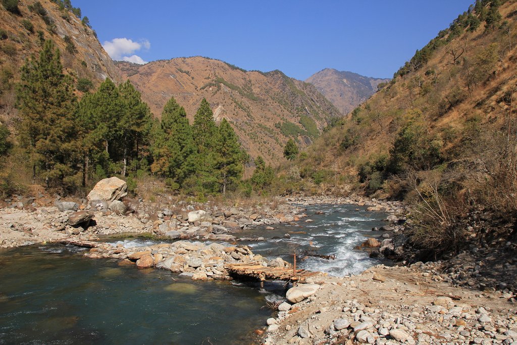A wooden bridge crossing the Langtang river near Syabru Besi