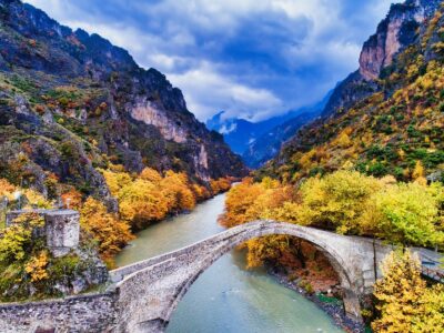Aerial View Of Konitsa Bridge And Aoos River