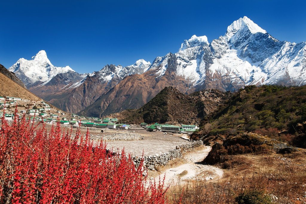 Khumjung village and Ama Dablam, Kangtega, and Thamserku