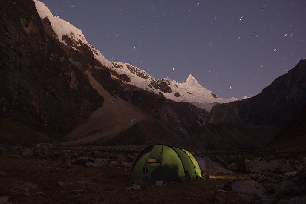 Camping tent on the base of Alpamayo, Peru