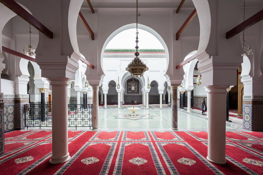 Interior of Al Quaraouiyine (or al-Qarawiyyin) Mosque and university in Fes Morocco.
