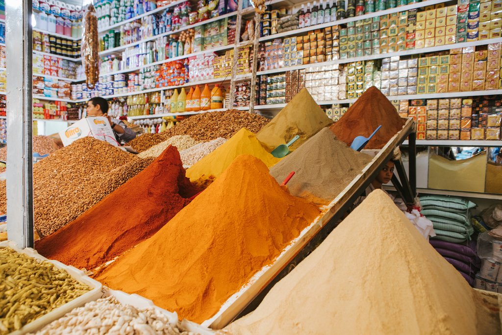 Traditional stall of spices and herbs at the Rissani food market