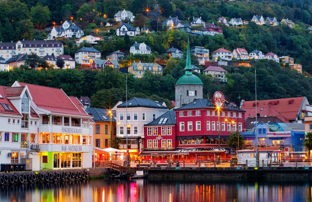 Bergen's waterfront at dusk.