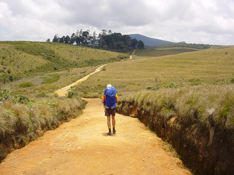 A hiker travels along a trail in the Horton Plains, a protect area in the central highlands of Sri Lanka.