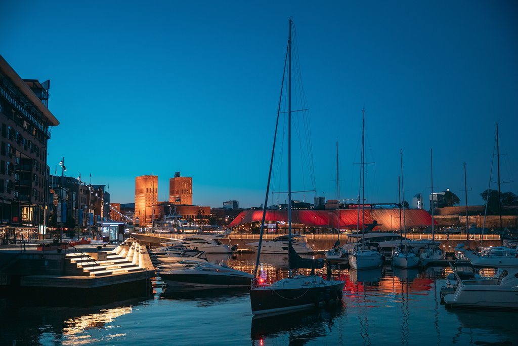 An evening view of the Oslo harbor