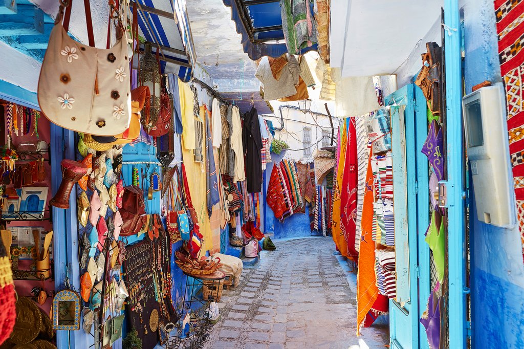Shops line the narrow streets in Chefchaouen