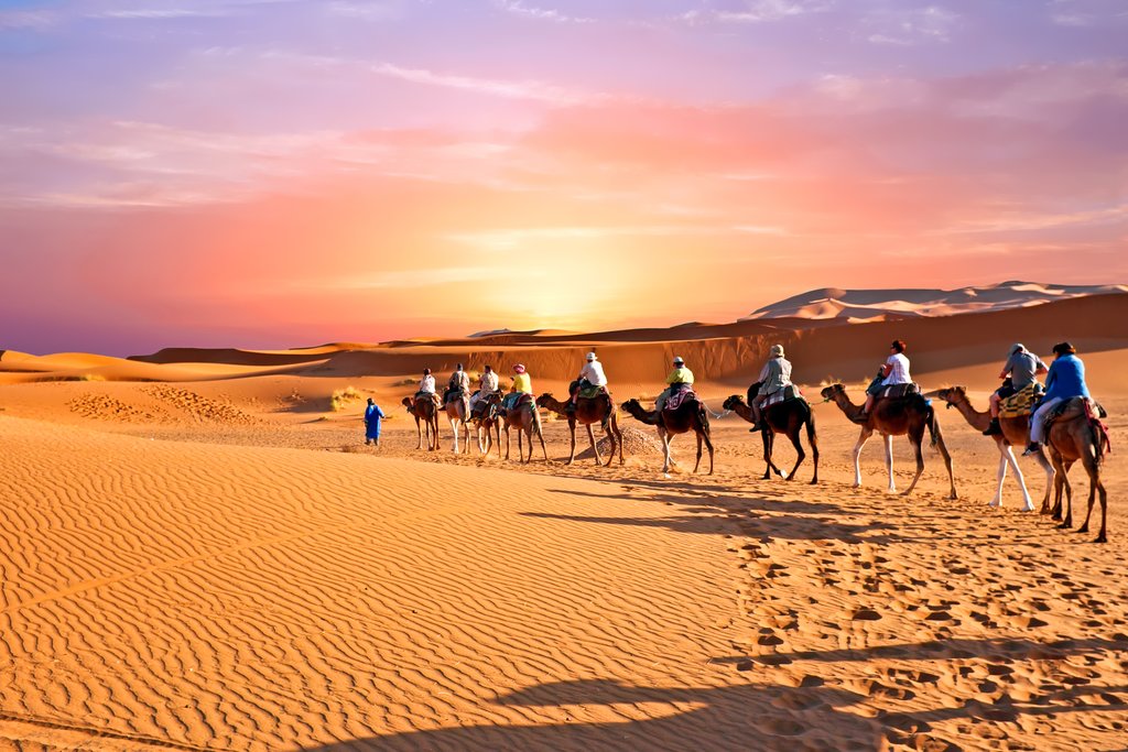 Tourists ride camels in the Sahara, Merzouga, Morocco