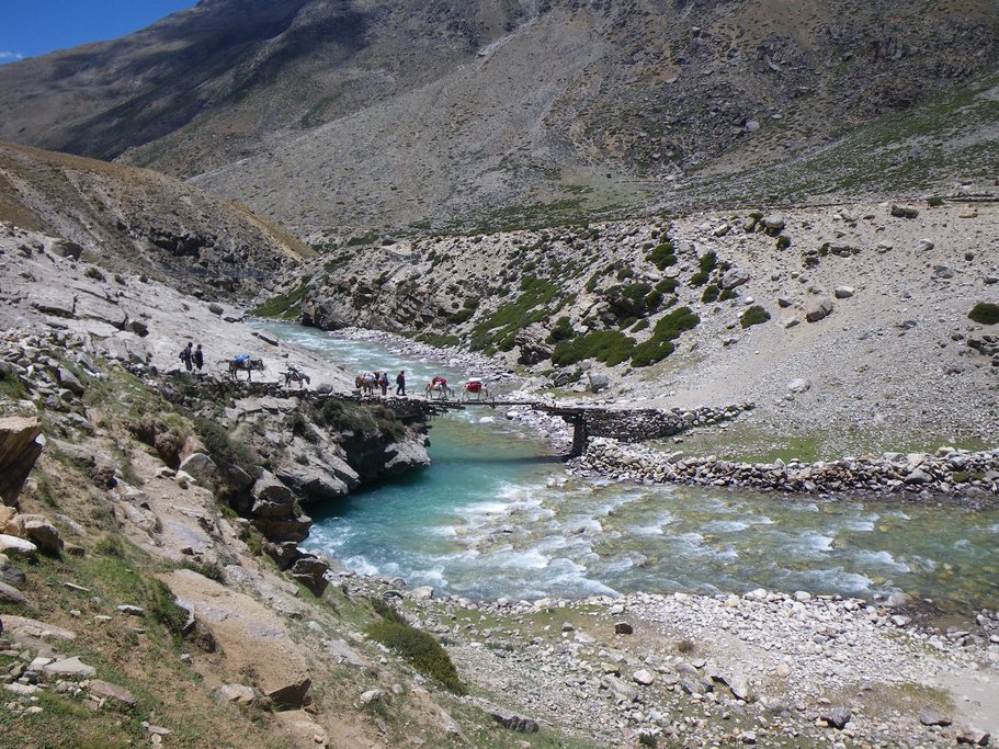 Crossing the emerald green Karnali river with pack animals takes patience and finesse 