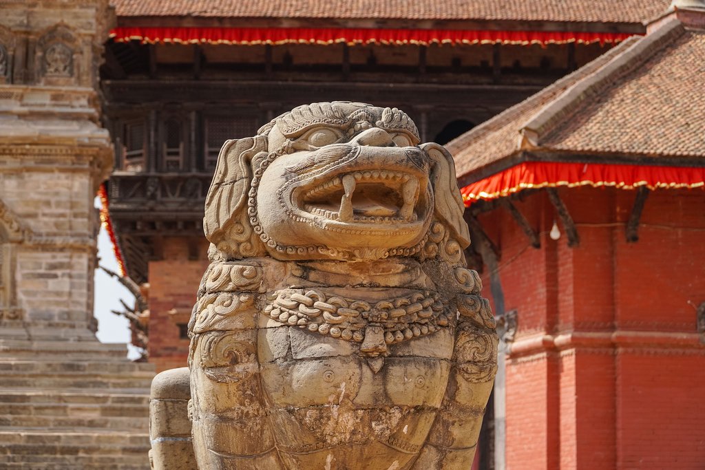 A lion stands guard at Bhaktapur Durbar Square