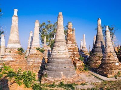 Scenic view of colorufl pagodas in Indein village Pagoda at Inle