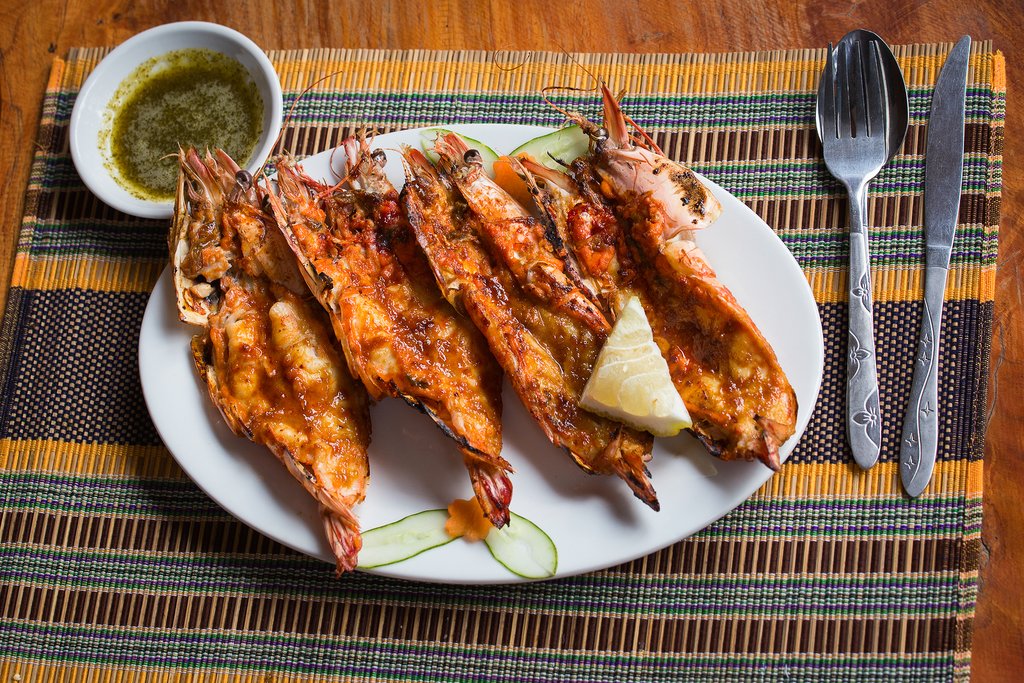 Grilled tiger prawns in a restaurant in Ngapali