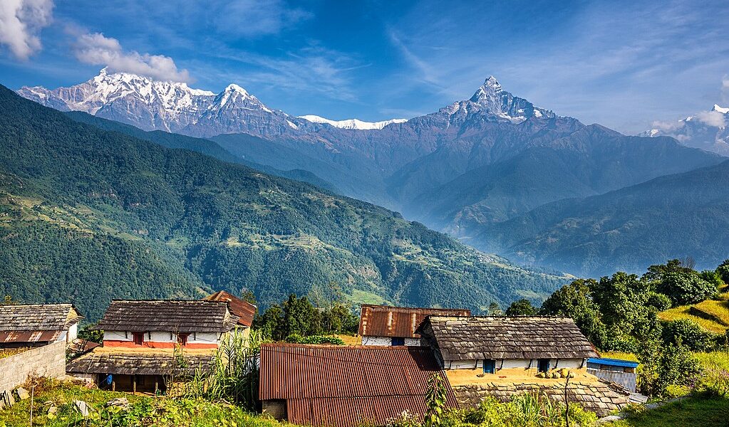 Nepalese village in the Himalaya mountains near Pokhara in Nepal