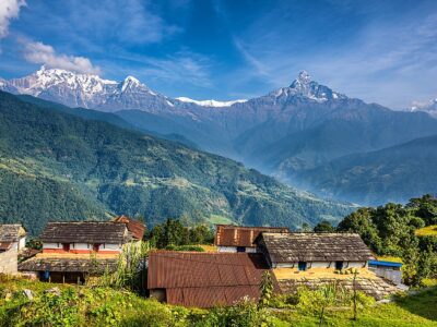 Nepalese village in the Himalaya mountains near Pokhara in Nepal