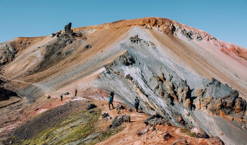 Icelandic landscape with mountain tourist in Landmannalaugar