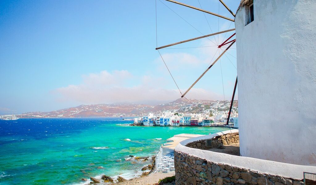 Old traditional windmills over the town of Mykonos.