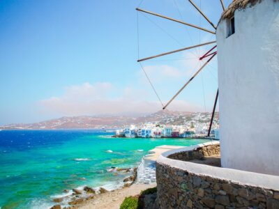 Old traditional windmills over the town of Mykonos.