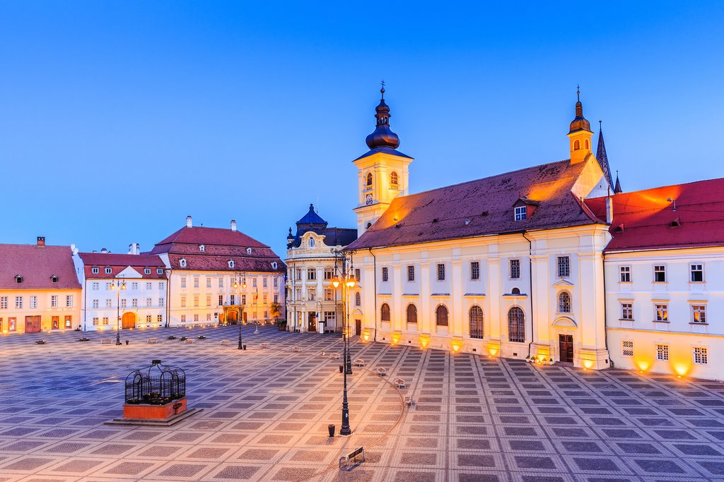 Large Square (Piata Mare) with the City Hall and Brukenthal palace in Transylvania