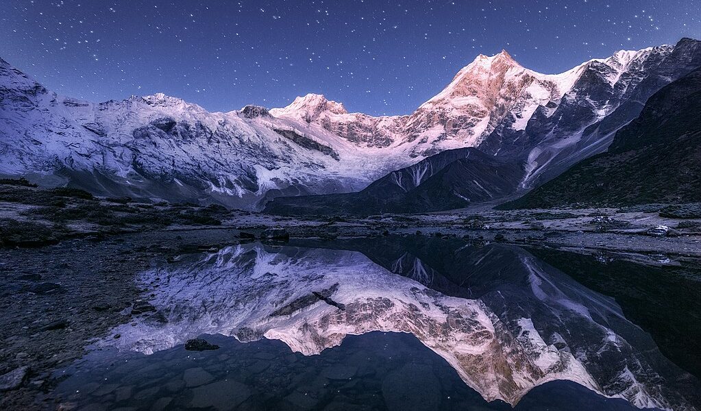Himalayn Mountains And Mountain Lake At Starry Night In Nepal