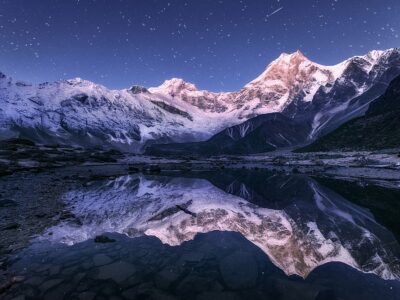 Himalayn Mountains And Mountain Lake At Starry Night In Nepal