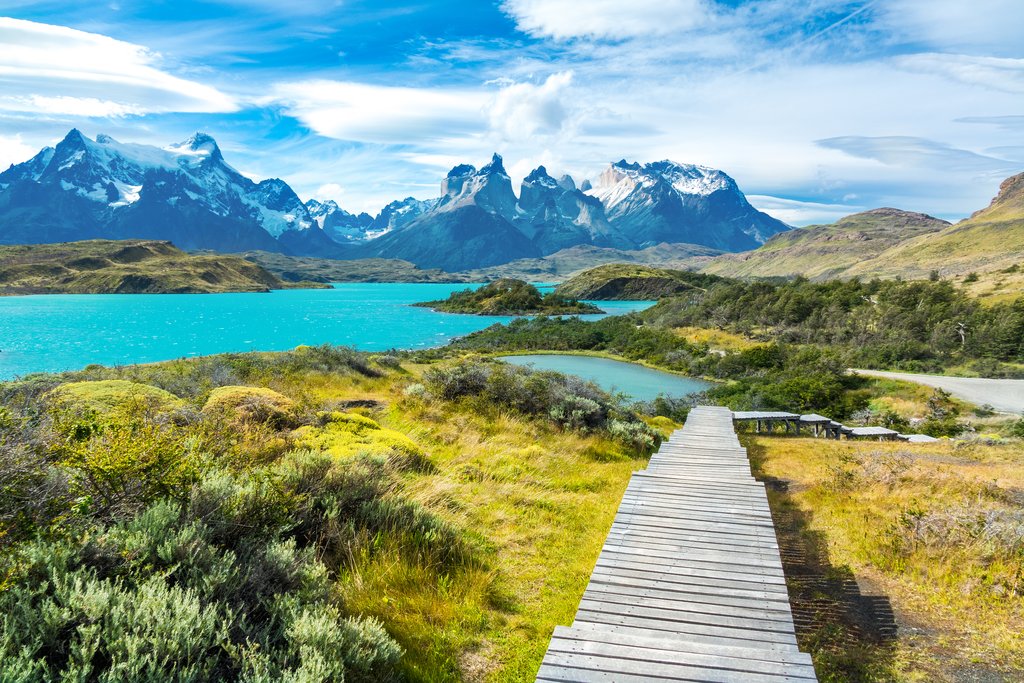 Lake Pehoe offers a range of hues depending on the weather, like bright turquoise