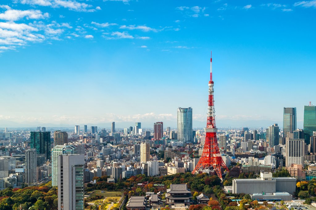 Tokyo's skyline, with the red Tokyo Tower in the foreground.