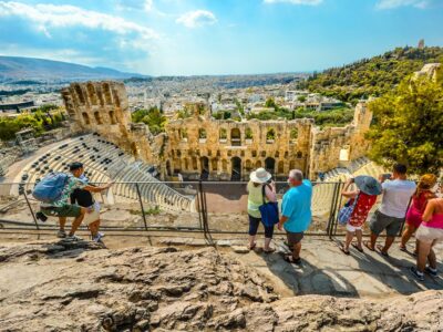 Athens, Greece - September 17 2017: Tourists Admire The Odeon Of