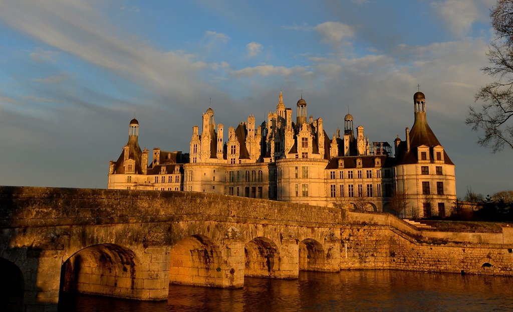 Sunset on Chambord castle in Loire Valley