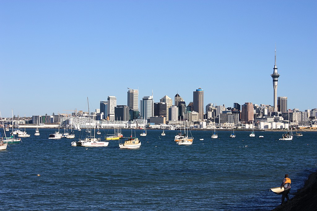 Harbor view of Auckland and the iconic Sky Tower