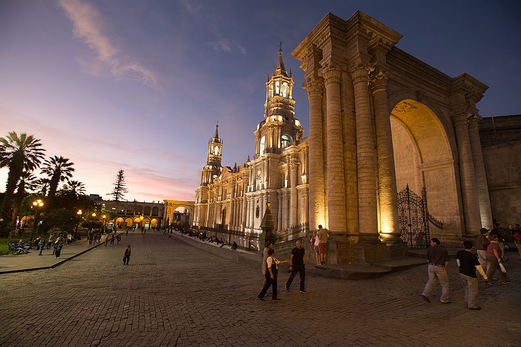 Evening view of Arequipa's Plaza de Armas