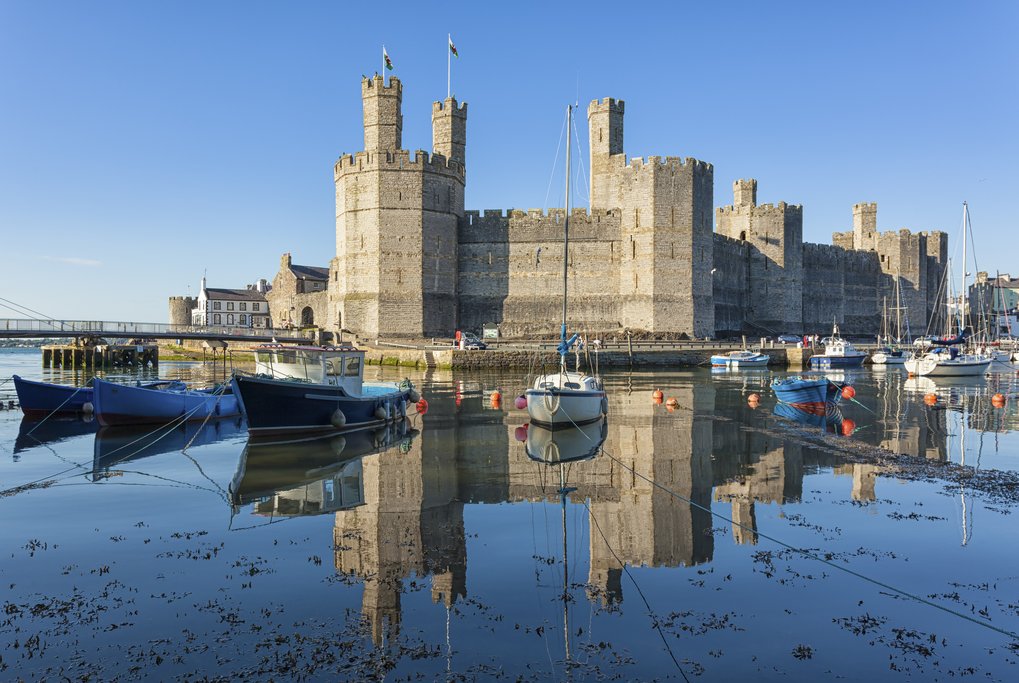 Moored boats at Caernarfon Castle, North Wales