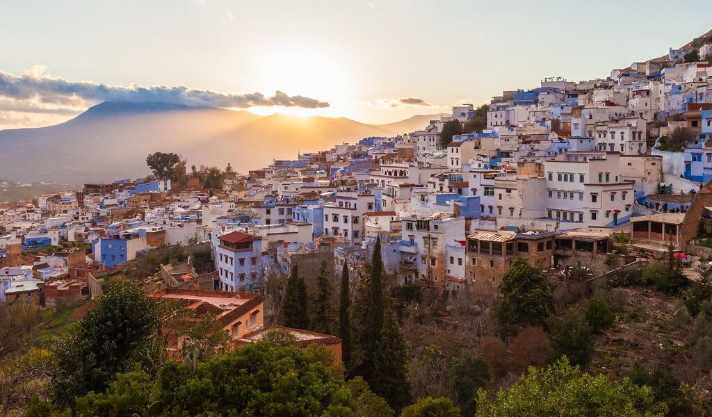 Chefchaouen Aerial Panoramic View At Night. Chefchaouen Is A Cit