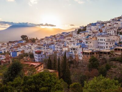 Chefchaouen Aerial Panoramic View At Night. Chefchaouen Is A Cit