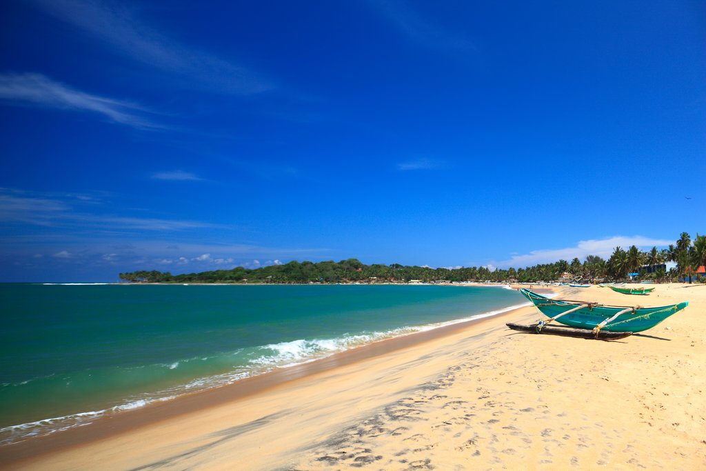 Unawatuna beach, a beautiful stretch of coast on the southern shore of Sri Lanka.
